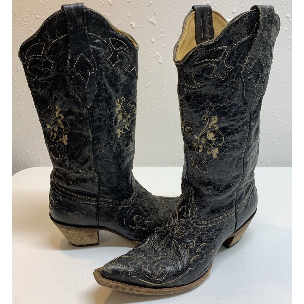 Corral Vintage Snip-Toe Western Cowboy Girl Boots Womens 9 Black Embroidered